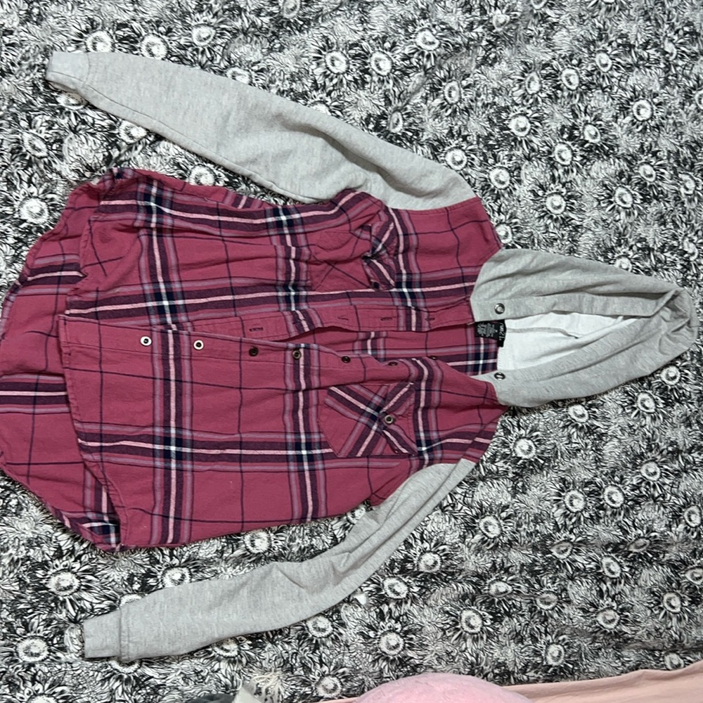 Pink flannel with blue and white stripes and a hood